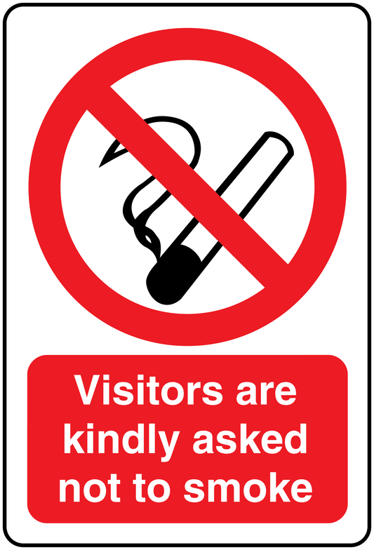 No Smoking sign sticker: red cigarette slash and 'Visitors are kindly asked not to smoke'