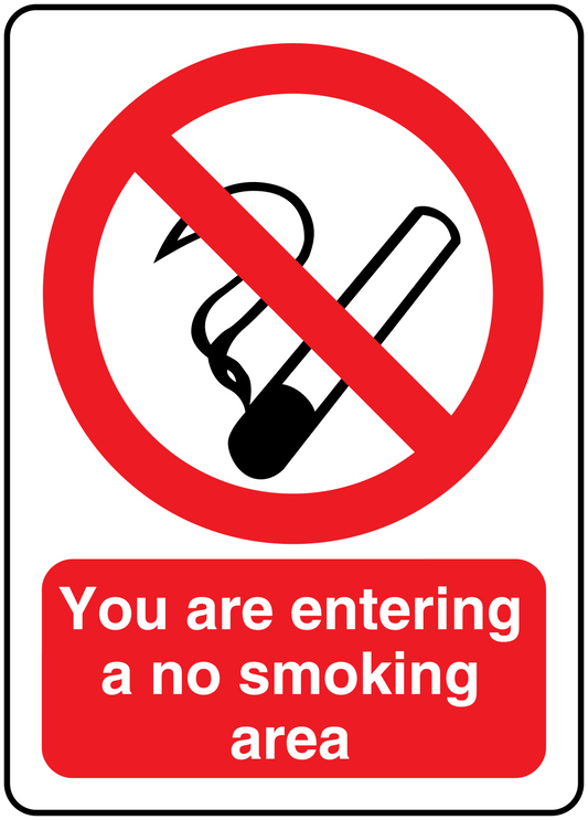 No smoking sticker with red circle slash, cigarette icon, and text: You are entering a no smoking area
