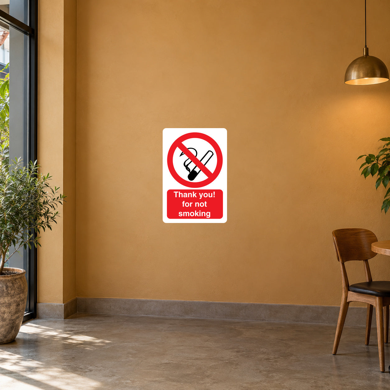 NO Smoking Sign Sticker applied in smooth ochre cafe foyer wall with an unoccupied chair far right
