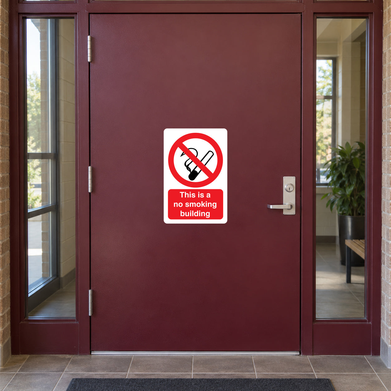 No smoking sign sticker: white square with red no-smoking symbol and text.