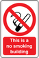 No Smoking sign sticker: red circle slash cigarette icon, text 'This is a no smoking building'