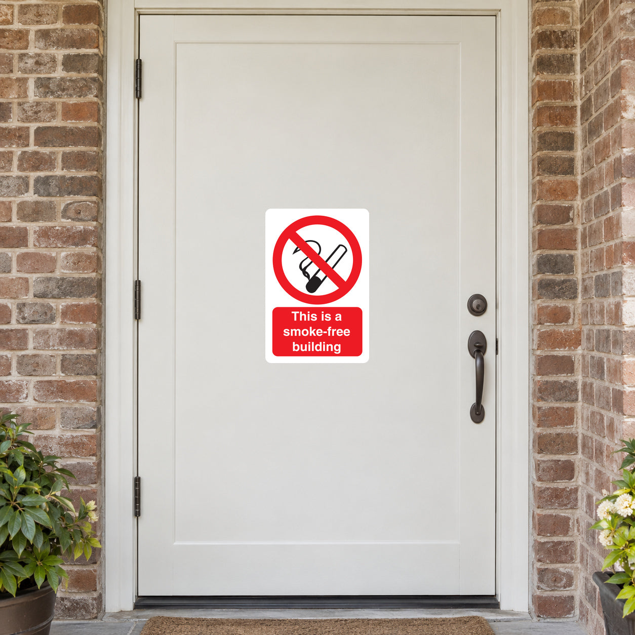No Smoking sign sticker with red circle and slash over a cigarette; smoke-free building text