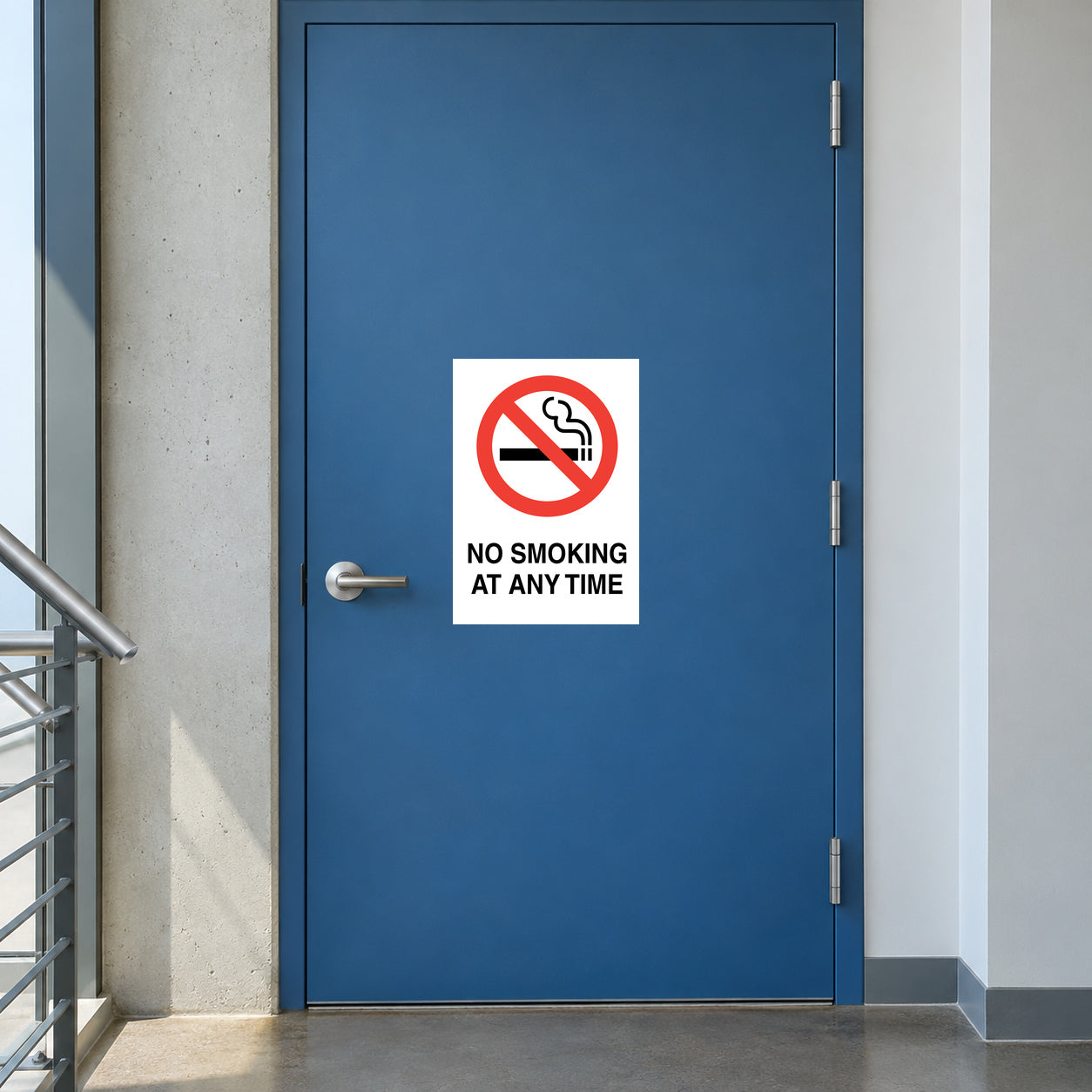 No Smoking sign sticker: red crossed cigarette icon with “NO SMOKING AT ANY TIME” text