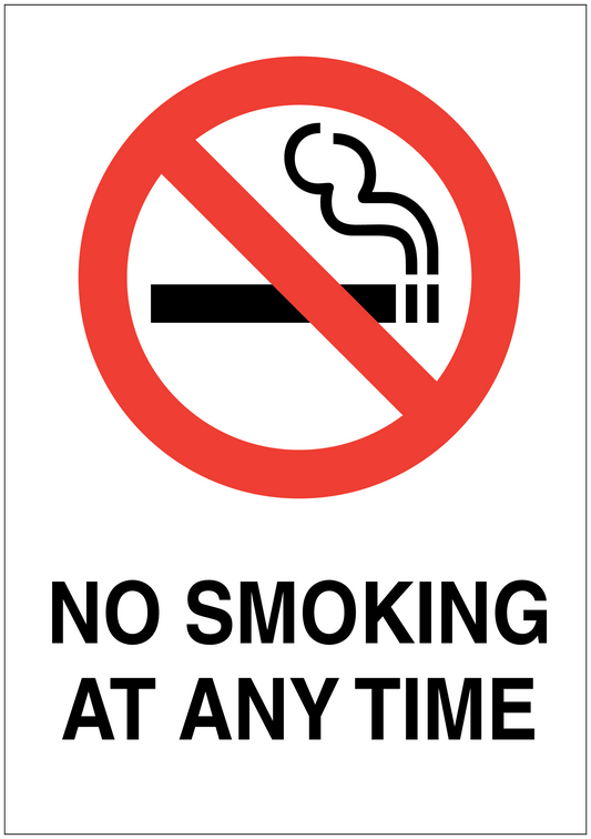 No smoking sign sticker: red circle slash over cigarette icon, text 'NO SMOKING AT ANY TIME'.
