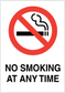 No smoking sign sticker: red circle slash over cigarette icon, text 'NO SMOKING AT ANY TIME'.