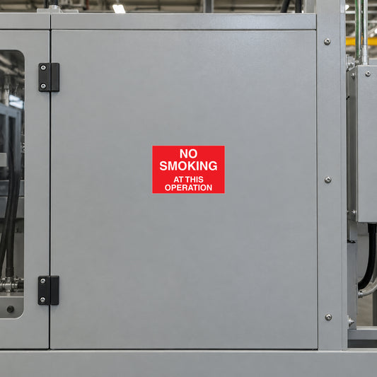 NO Smoking Sign Sticker applied in single grey powder coated fabrication machine enclosure panel