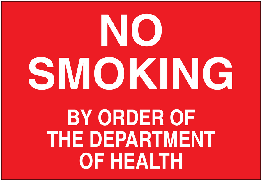 No Smoking sign sticker with white text: NO SMOKING, BY ORDER OF THE DEPARTMENT OF HEALTH