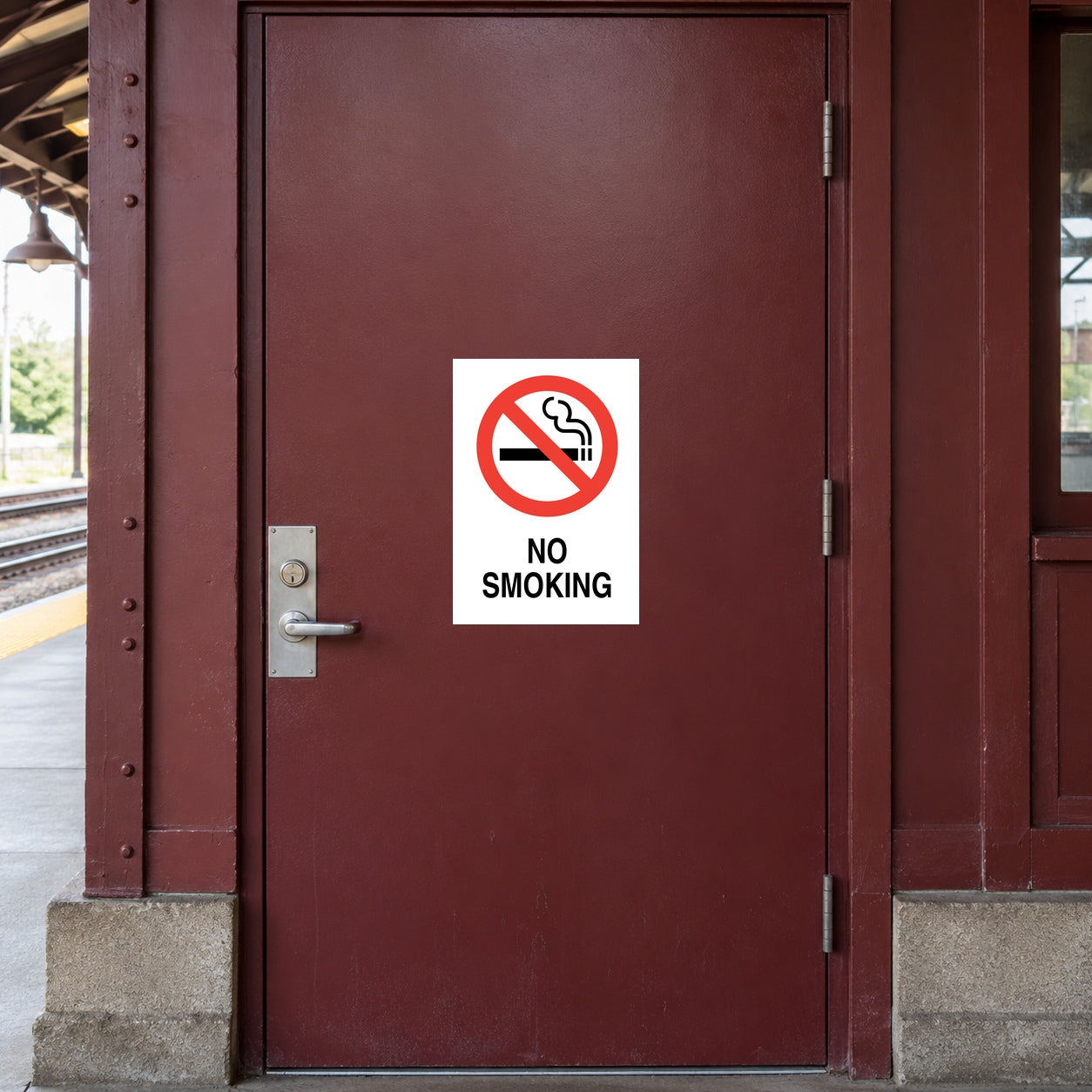 No smoking sign sticker with red prohibition symbol and “NO SMOKING” text on white