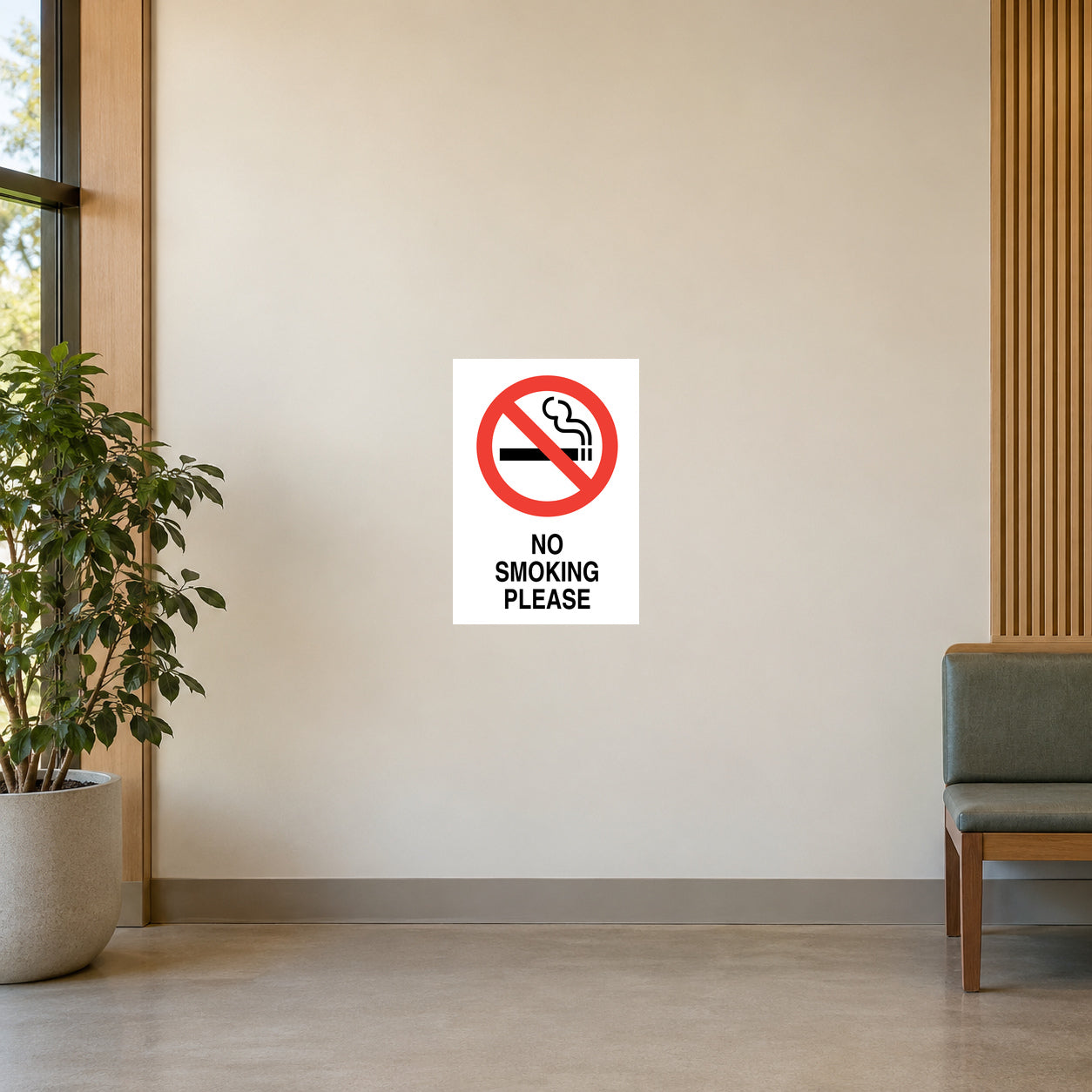 No Smoking sign sticker: white square with red crossed cigarette icon and 'SMOKING PLEASE'.
