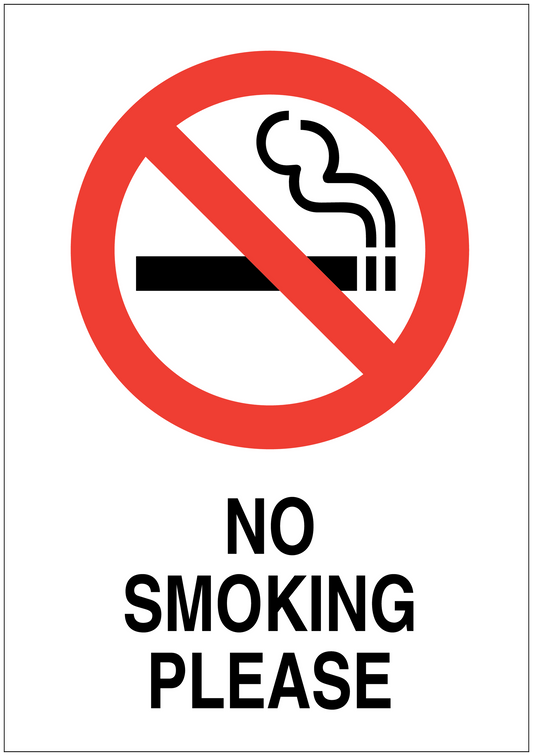 No smoking sign sticker with red circle slash, cigarette icon, and 'NO SMOKING PLEASE' text