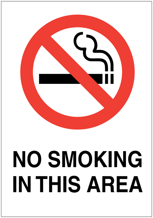 No smoking sign sticker with crossed cigarette icon and text 'NO SMOKING IN THIS AREA'.