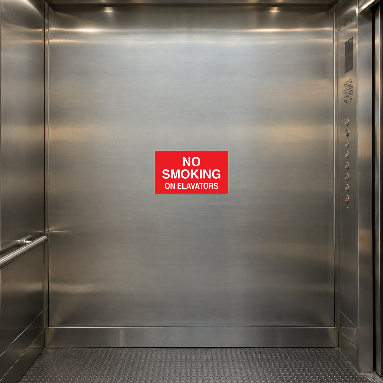 No smoking sign sticker with red border and white text: “NO SMOKING ON ELEVATORS”