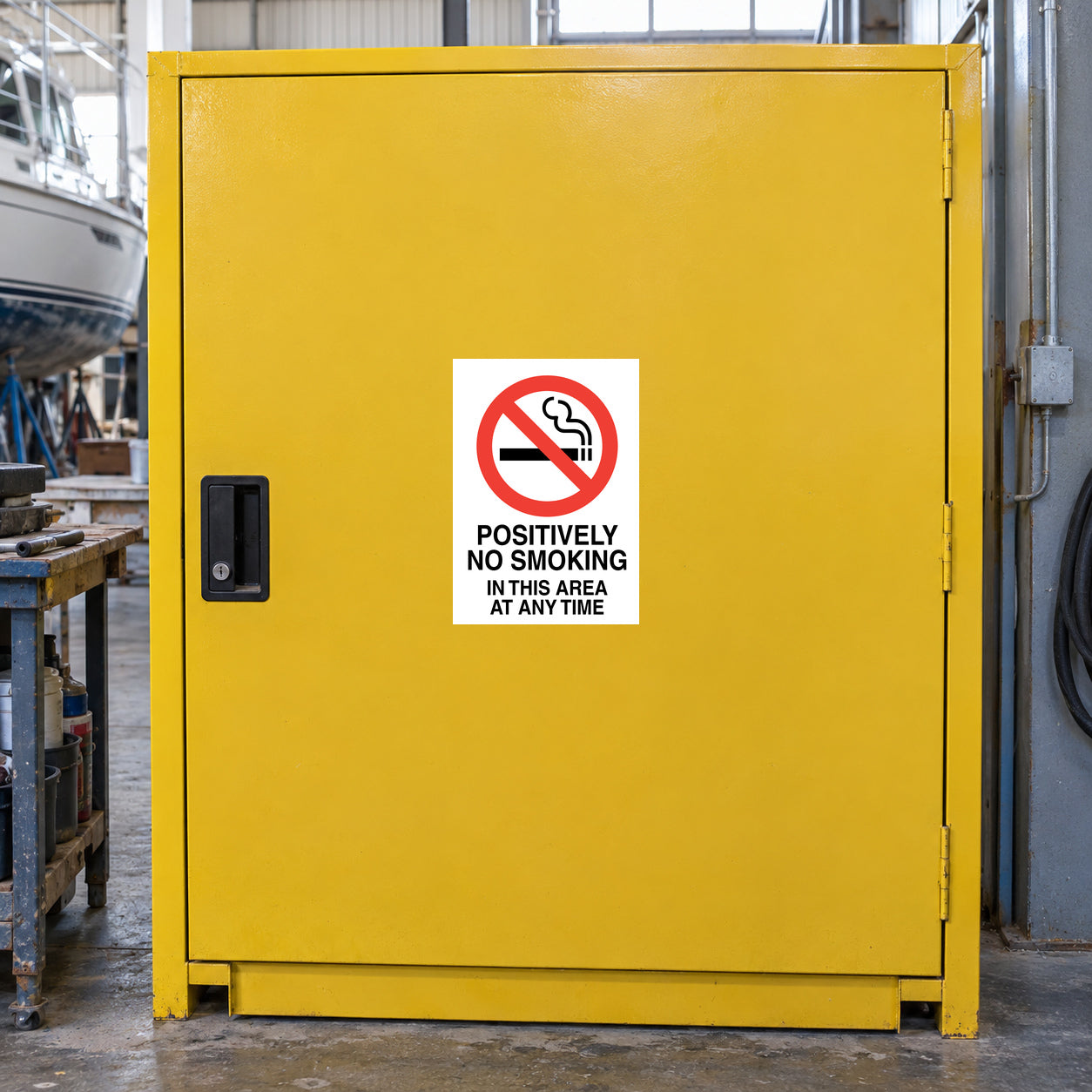 NO Smoking Sign Sticker applied in solid yellow solvents cabinet door in a boat repair workshop