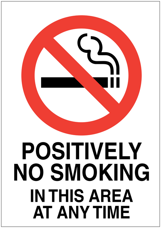No smoking sign sticker with red crossed cigarette and text: POSITIVELY NO SMOKING