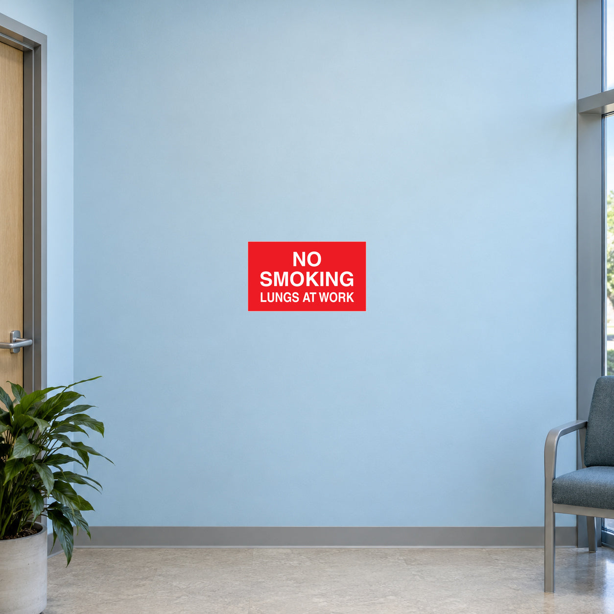 Red no smoking sign sticker reading “NO SMOKING LUNGS AT WORK”