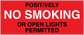 Red no smoking sign sticker reading 'NO SMOKING OR OPEN LIGHTS PERMITTED'.