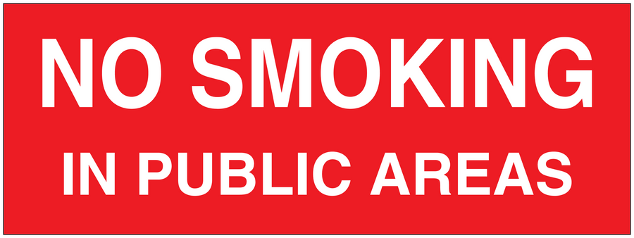 Red no smoking sign sticker with white text: 'NO SMOKING IN PUBLIC AREAS'