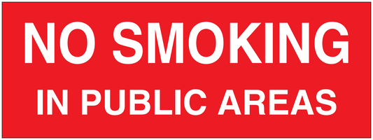 Red no smoking sign sticker with white text: 'NO SMOKING IN PUBLIC AREAS'