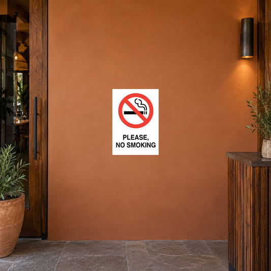 NO Smoking Sign Sticker applied in flat terracotta restaurant host area wall