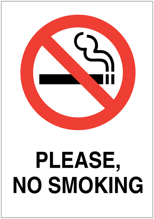 No smoking sign sticker with red crossed cigarette icon and 'PLEASE, NO SMOKING' text