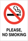 No smoking sign sticker with red crossed cigarette icon and 'PLEASE, NO SMOKING' text