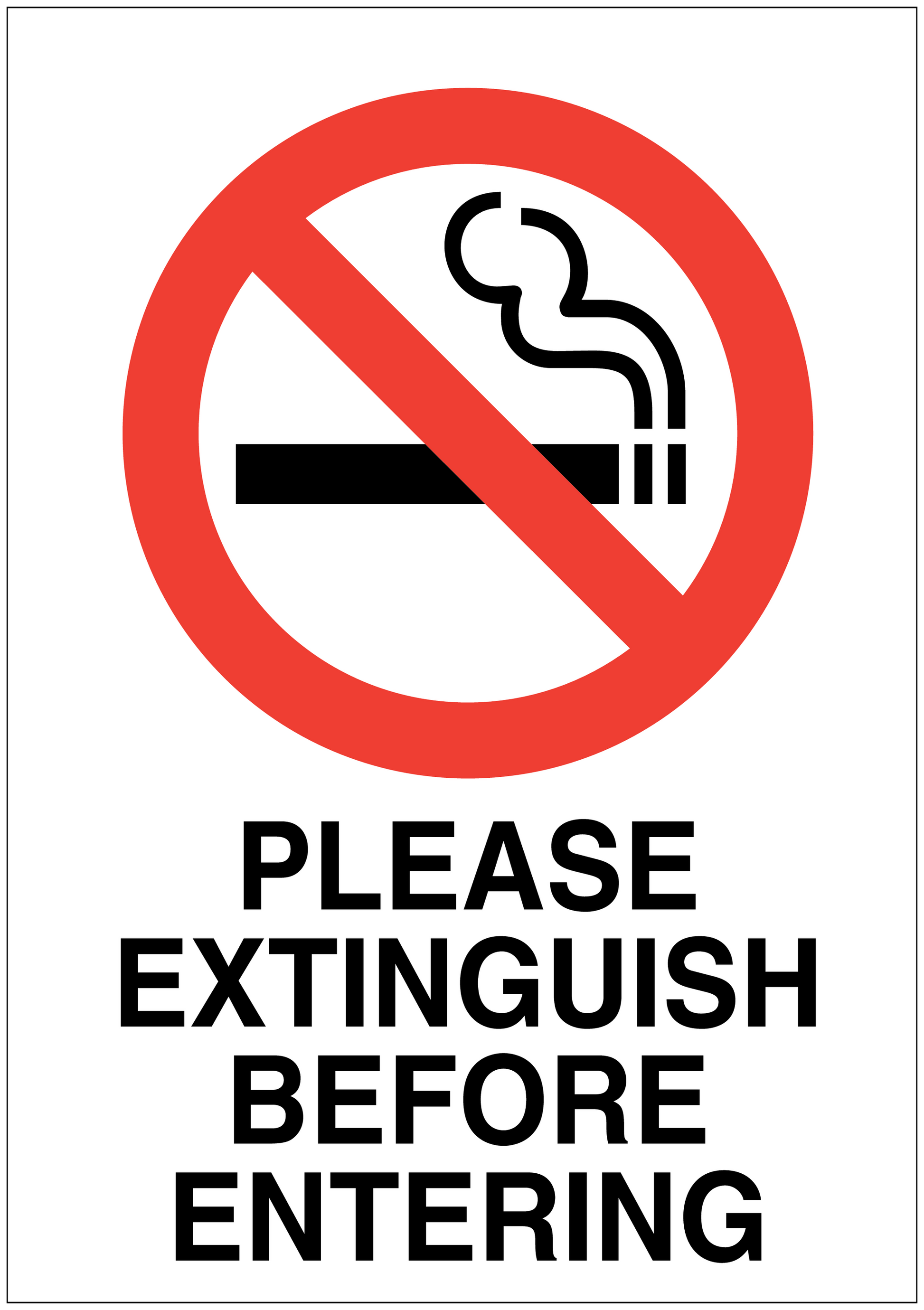 No smoking sign sticker: cigarette crossed out, text 'PLEASE EXTINGUISH BEFORE ENTERING'