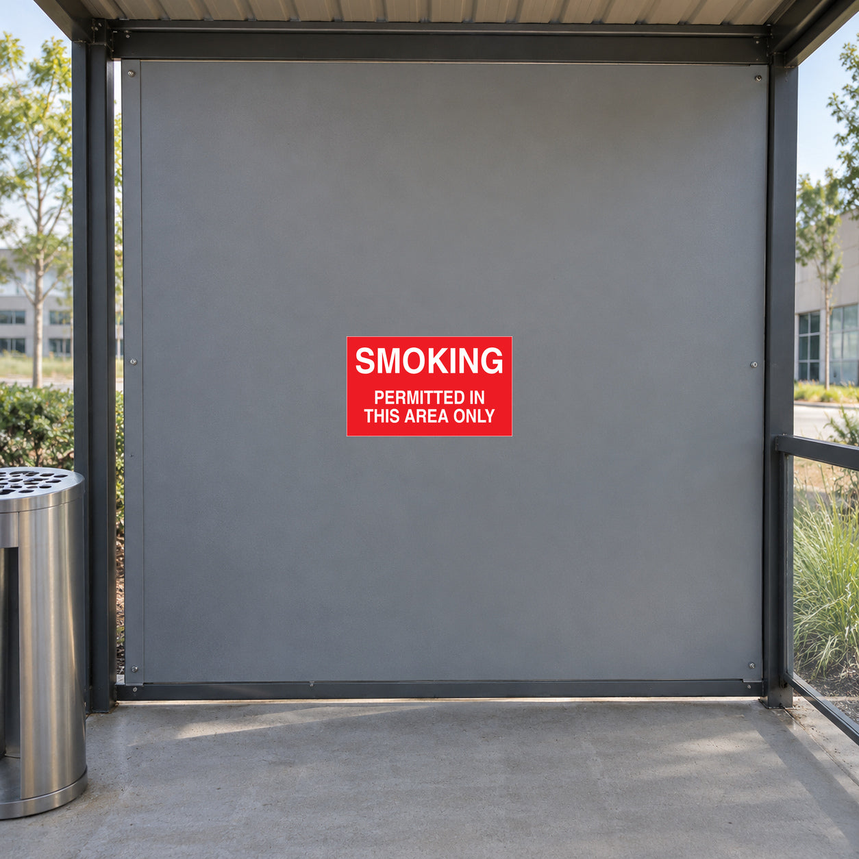 Red “SMOKING” sign sticker: “PERMITTED IN THIS AREA ONLY”