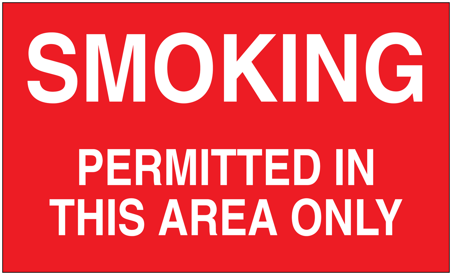 Red no smoking sign sticker with large “SMOKING” and “PERMITTED IN THIS AREA ONLY” text