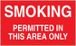 Red no smoking sign sticker with large “SMOKING” and “PERMITTED IN THIS AREA ONLY” text