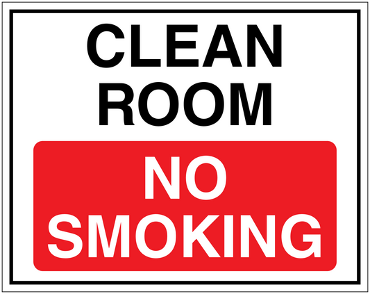No smoking sign sticker with red 'NO SMOKING' panel and 'CLEAN ROOM' text