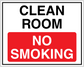No smoking sign sticker with red 'NO SMOKING' panel and 'CLEAN ROOM' text