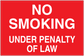 No smoking sign sticker, red with white text: NO SMOKING UNDER PENALTY OF LAW