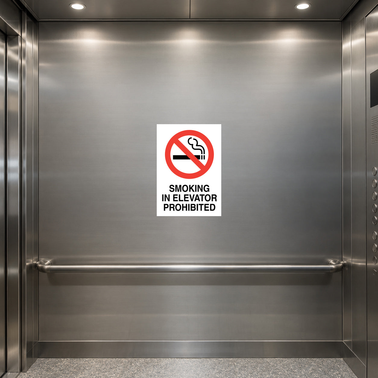 No Smoking sign sticker, white square with red ban symbol and 'NO SMOKING' text