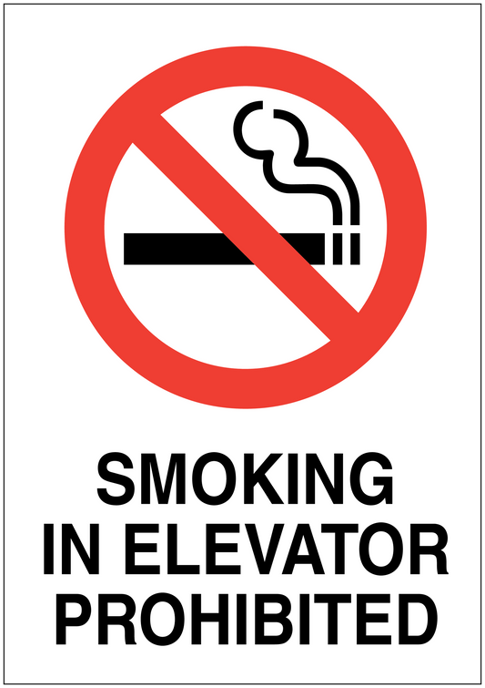 No Smoking sign sticker: red slashed smoke icon and SMOKING IN ELEVATOR PROHIBITED text