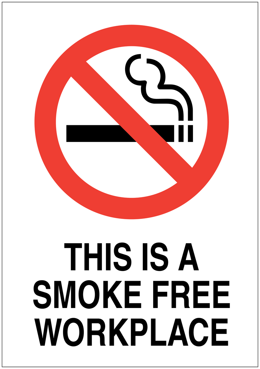 No smoking sign sticker: red crossed cigarette in circle, text 'SMOKE FREE WORKPLACE'.