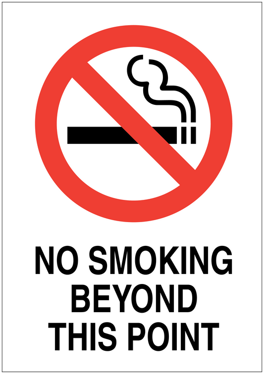No smoking sign sticker with red circle slash cigarette icon and 'NO SMOKING BEYOND THIS POINT'