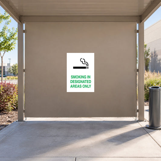 NO Smoking Sign Sticker applied in solid taupe sheltered OUTDOOR employee smoking area panel, open sides and an empty ash receptacle at far right
