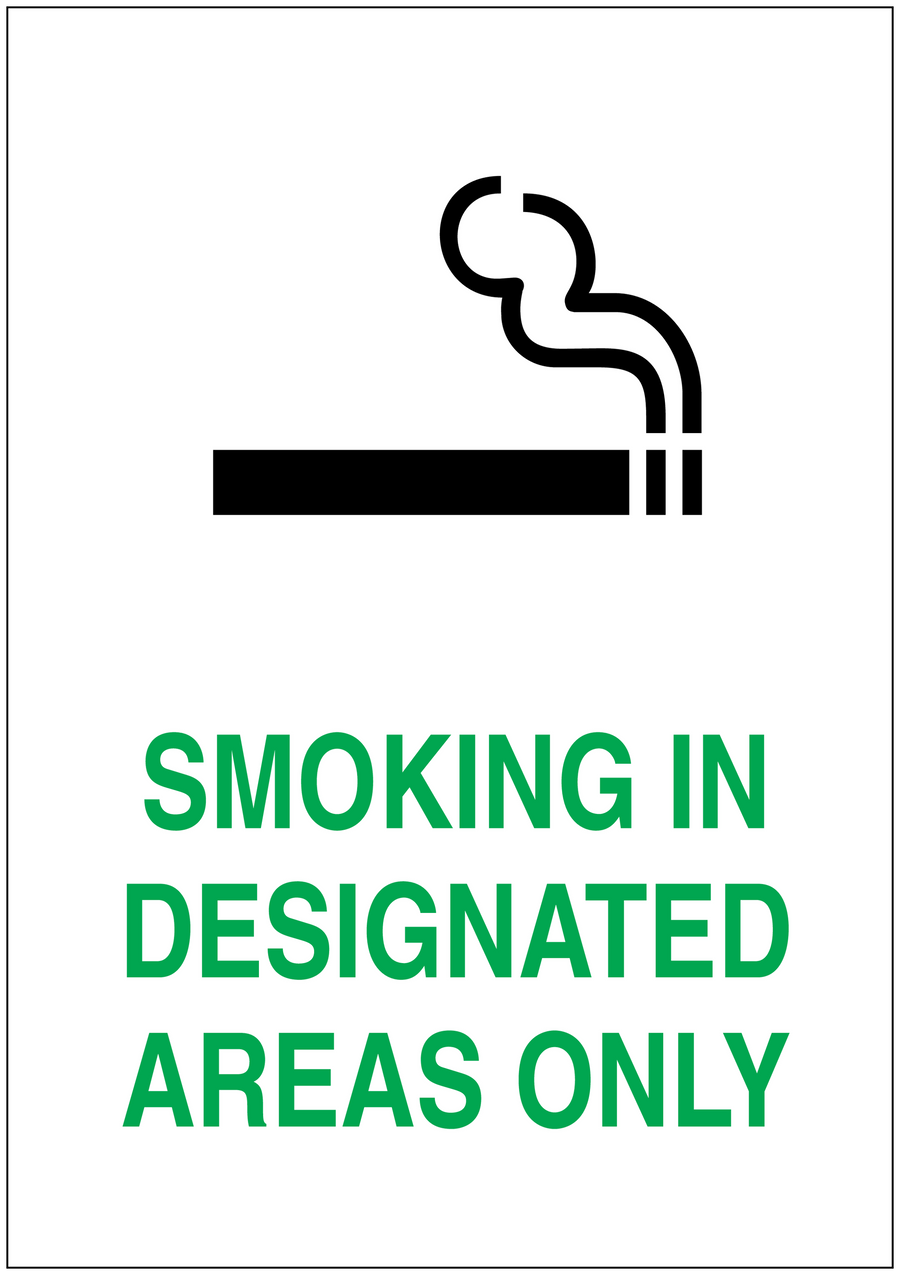 No smoking sign sticker with black no-smoking symbol and green 'SMOKING IN DESIGNATED AREAS ONLY'