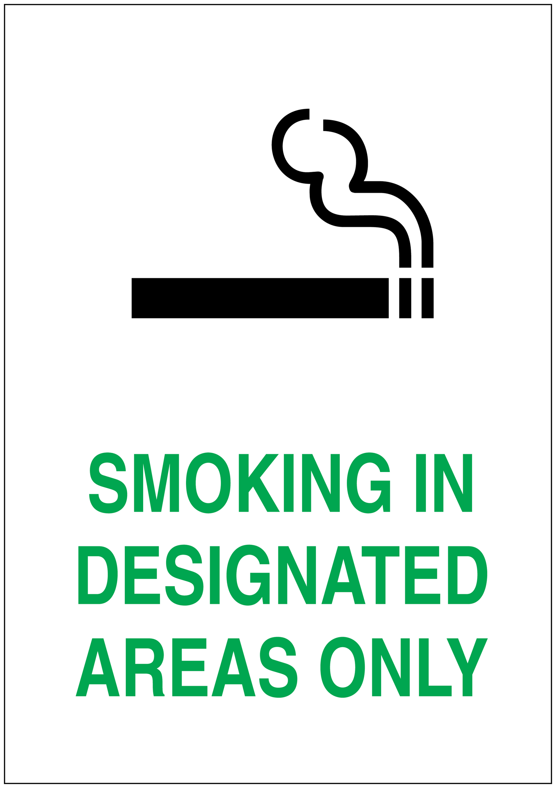 No smoking sign sticker with black no-smoking symbol and green 'SMOKING IN DESIGNATED AREAS ONLY'