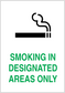 No smoking sign sticker with black no-smoking symbol and green 'SMOKING IN DESIGNATED AREAS ONLY'