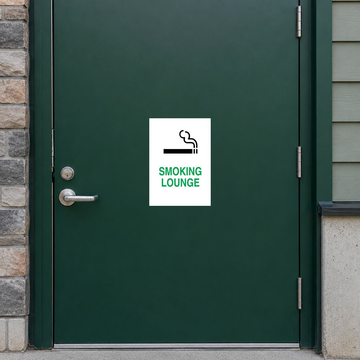 No-smoking sign sticker, white square with cigarette icon and "Smoking Lounge" text
