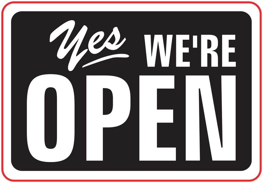 Business open/closed sign sticker with black background and white “YES WE'RE OPEN” text