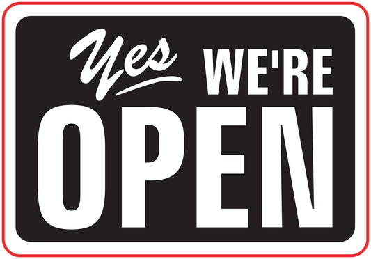 Business open/closed sign sticker with black background and white “YES WE'RE OPEN” text