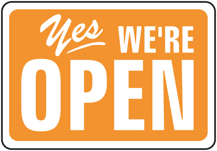 Orange business open sign sticker with white border and text “Yes We’re Open”