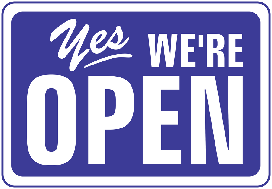 Business open sign sticker, blue with white 'Yes we're open' text