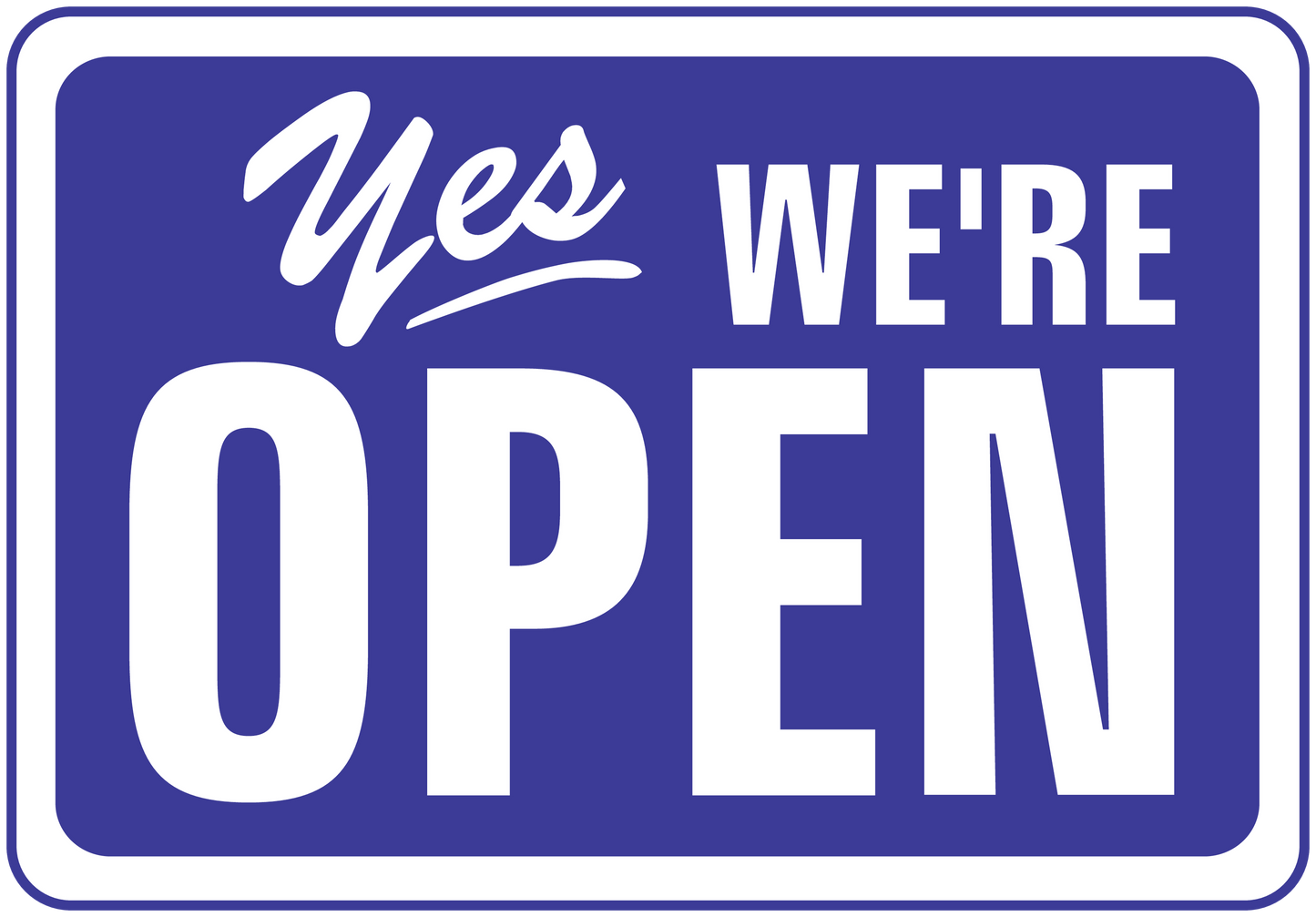Business open sign sticker, blue with white 'Yes we're open' text