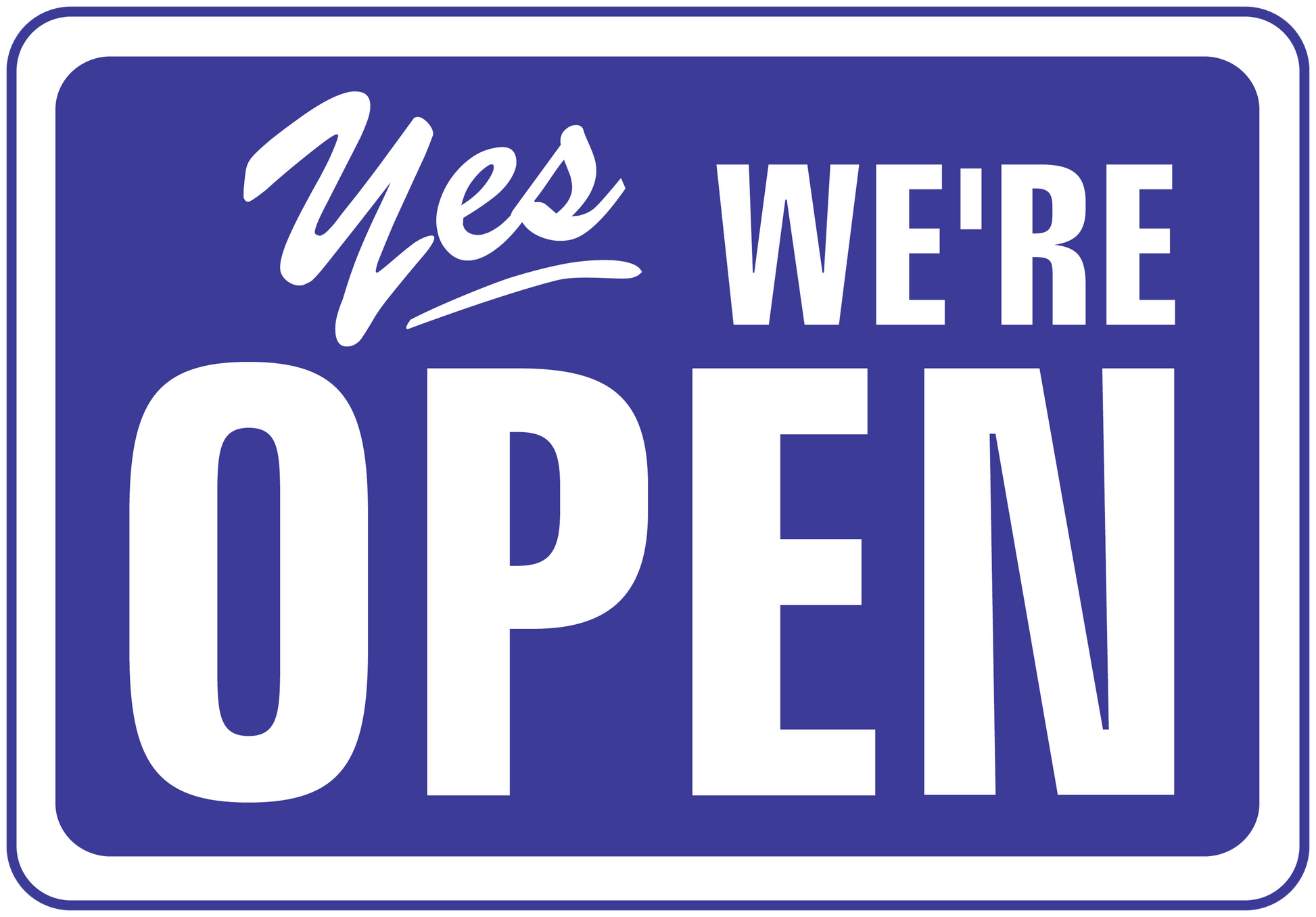 Business open sign sticker, blue with white 'Yes we're open' text