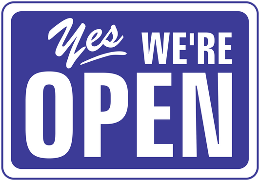 Business open sign sticker, blue with white 'Yes we're open' text
