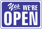 Business open sign sticker, blue with white 'Yes we're open' text