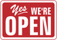 Red and white "Yes, we're open" door sign sticker